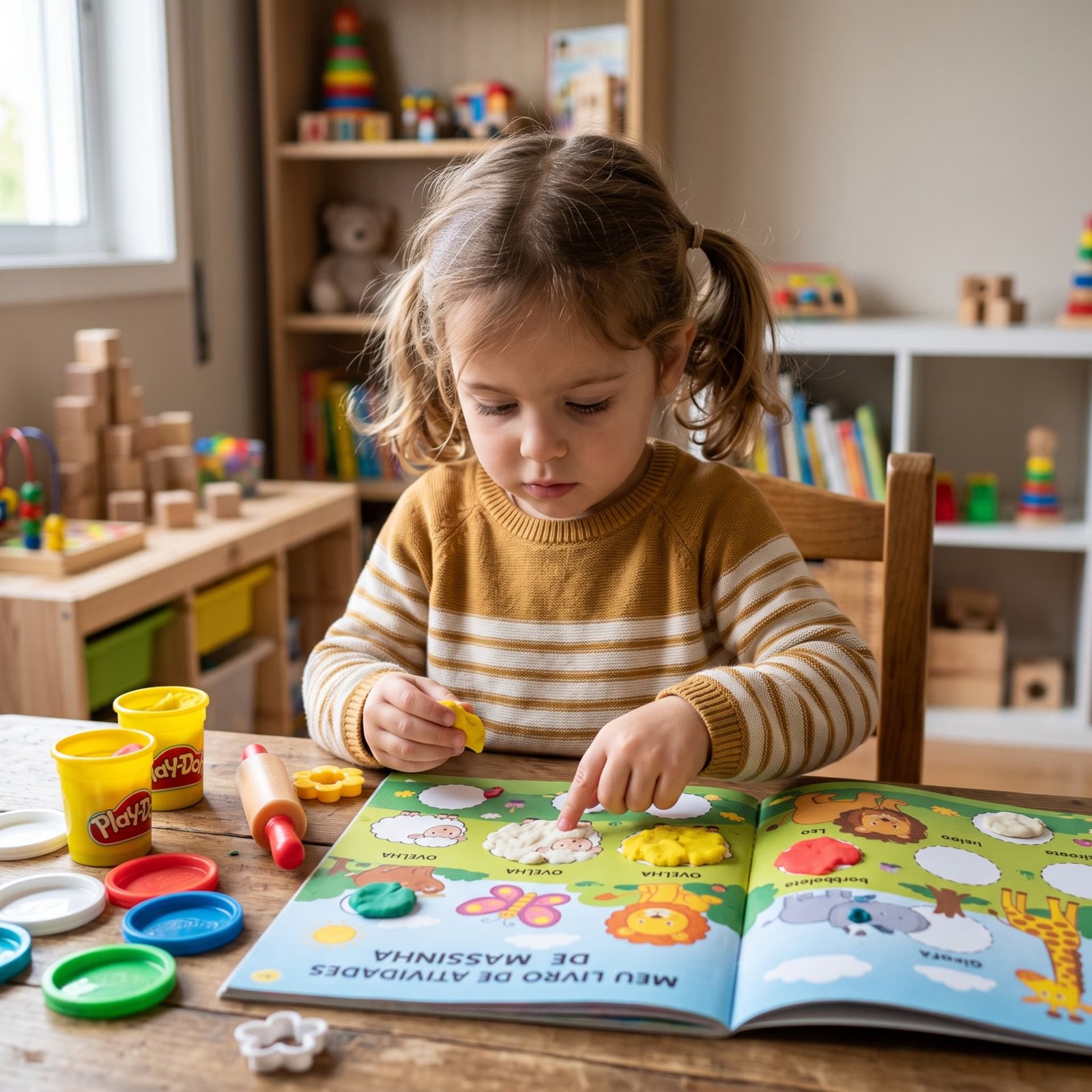 Niña modelando animales con plastilina sobre una lámina imprimible